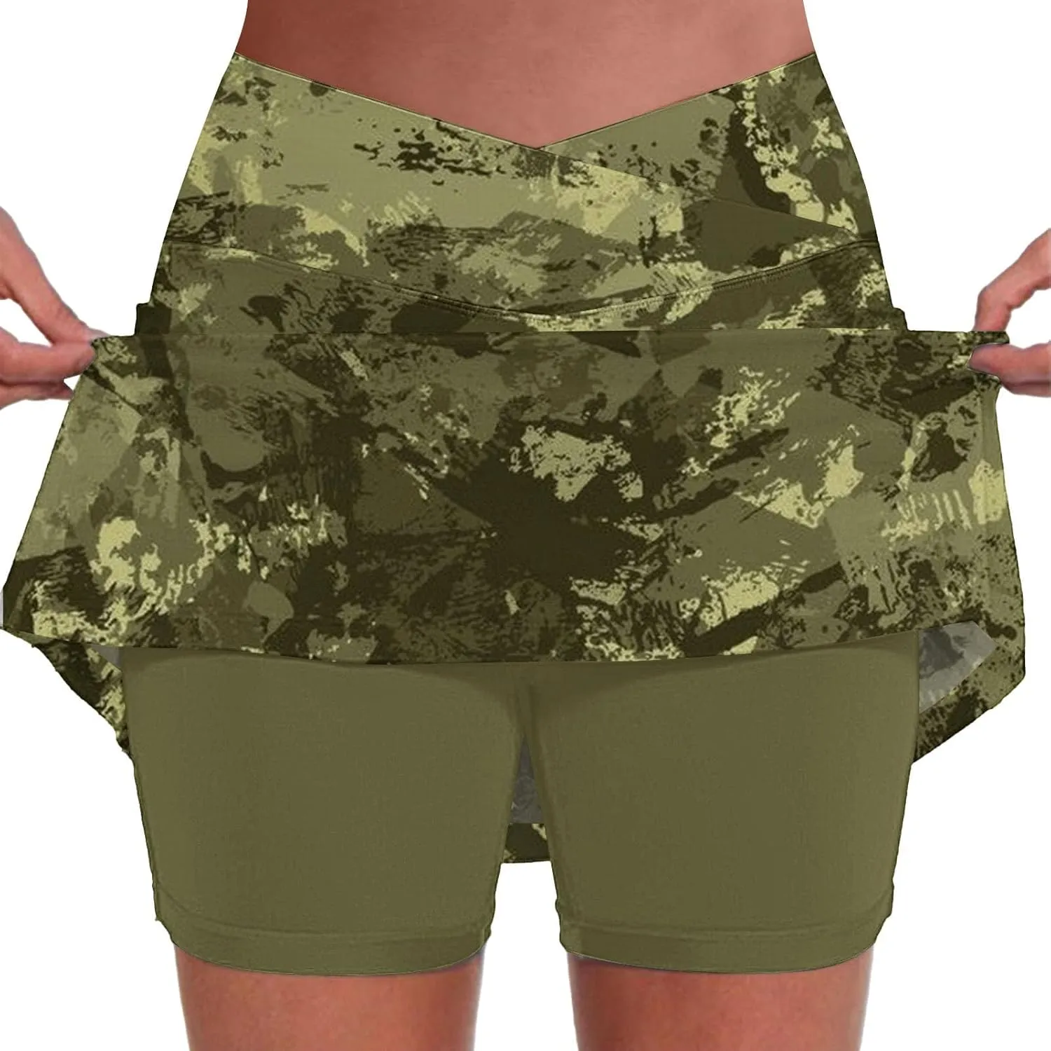 Knee Length Skorts Skirts for Women,Tummy Control Baggy Skorts with Pockets Mid Waist Athletic Camouflage Printed Skirt