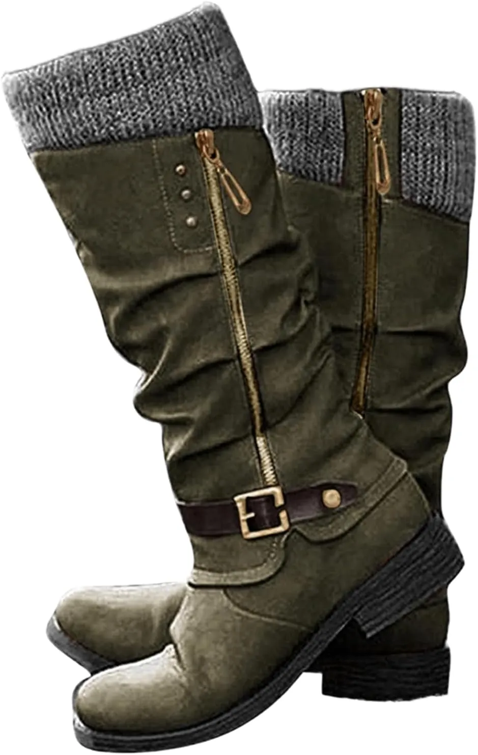 Ladmiple Cowboy Boots For Women Wide Calf Knee High Seam Mid Heel Block Heel Cowgirl Boots Slip-On with Side Zipper
