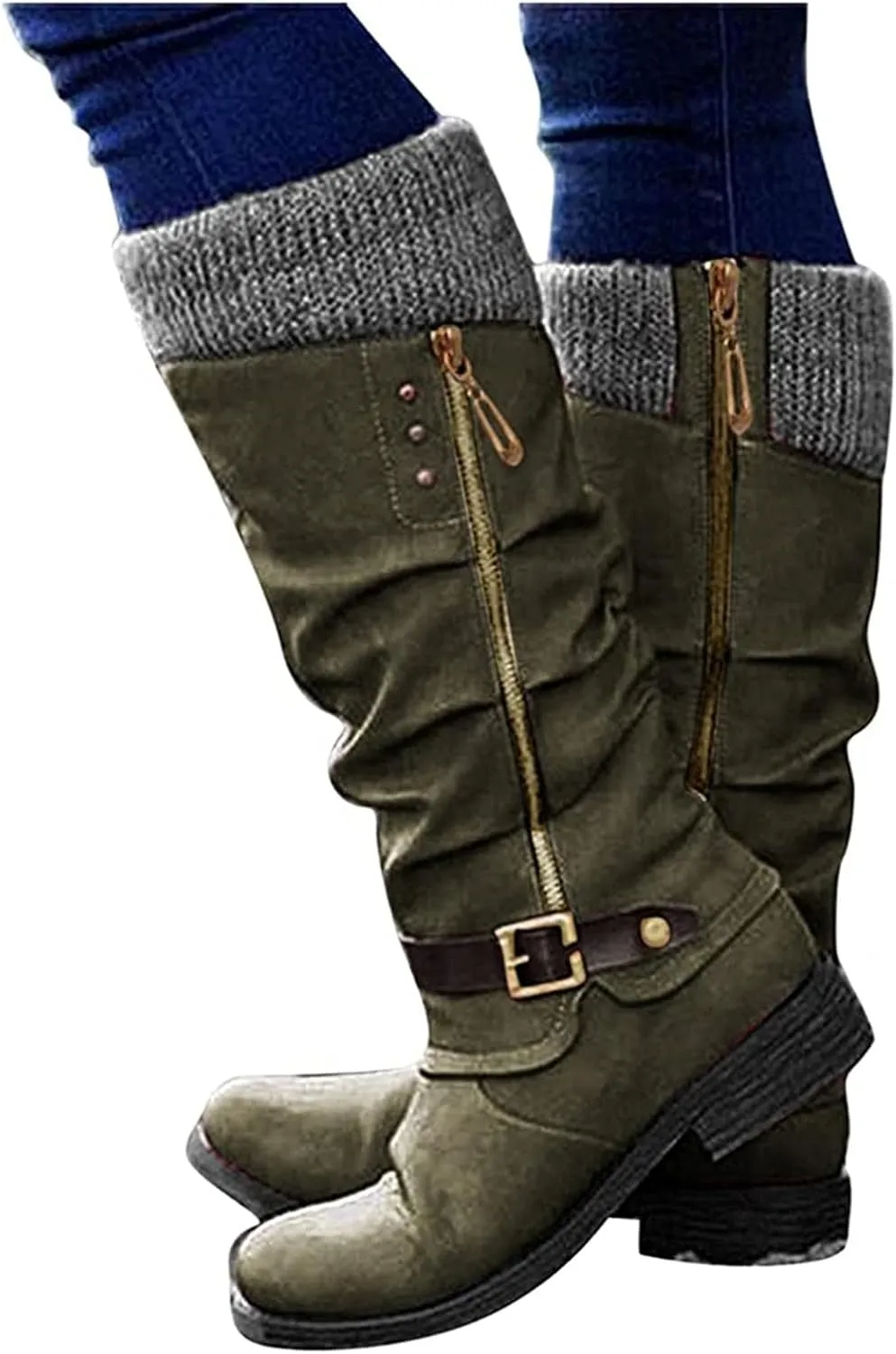 Ladmiple Cowboy Boots For Women Wide Calf Knee High Seam Mid Heel Block Heel Cowgirl Boots Slip-On with Side Zipper