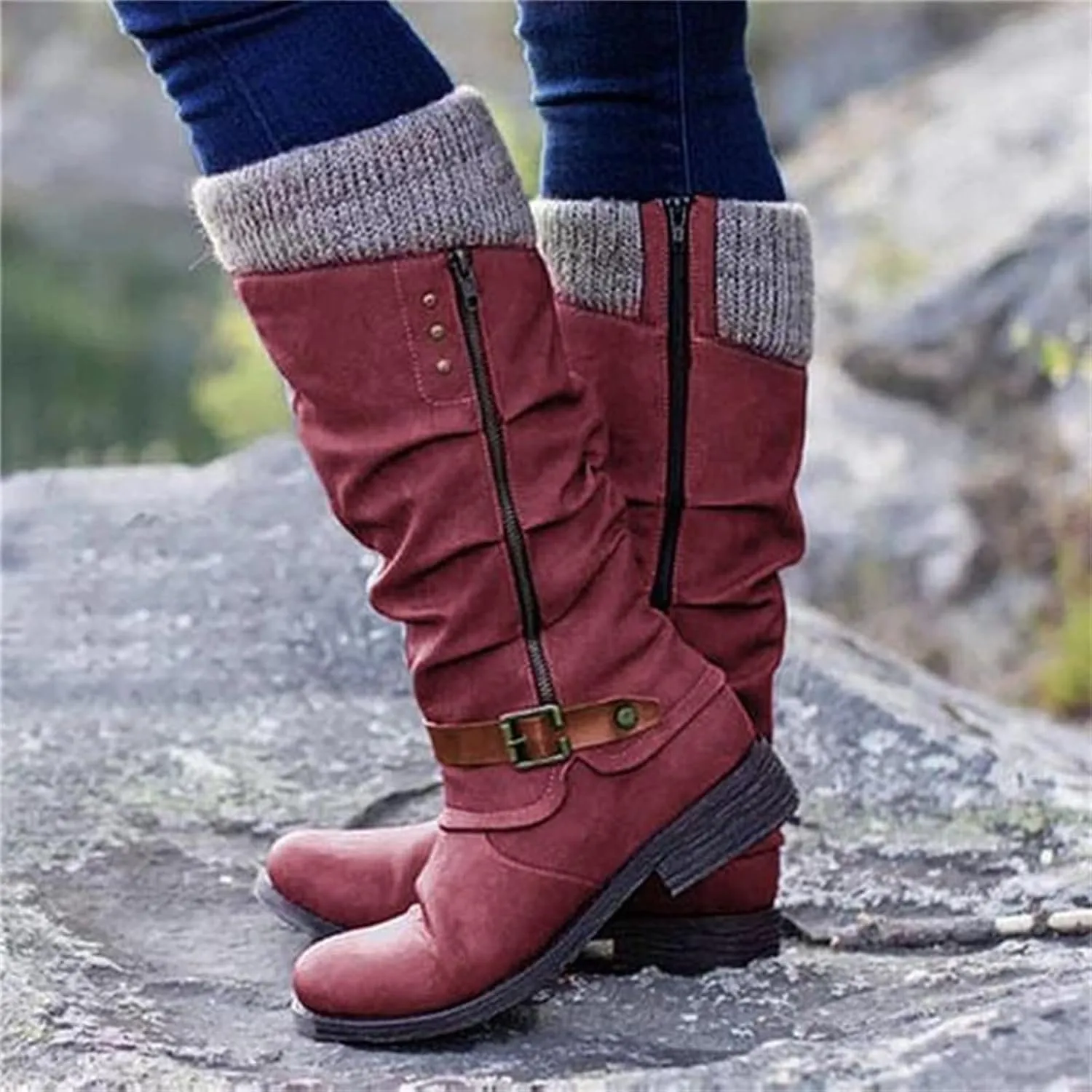 Ladmiple Cowboy Boots For Women Wide Calf Knee High Seam Mid Heel Block Heel Cowgirl Boots Slip-On with Side Zipper