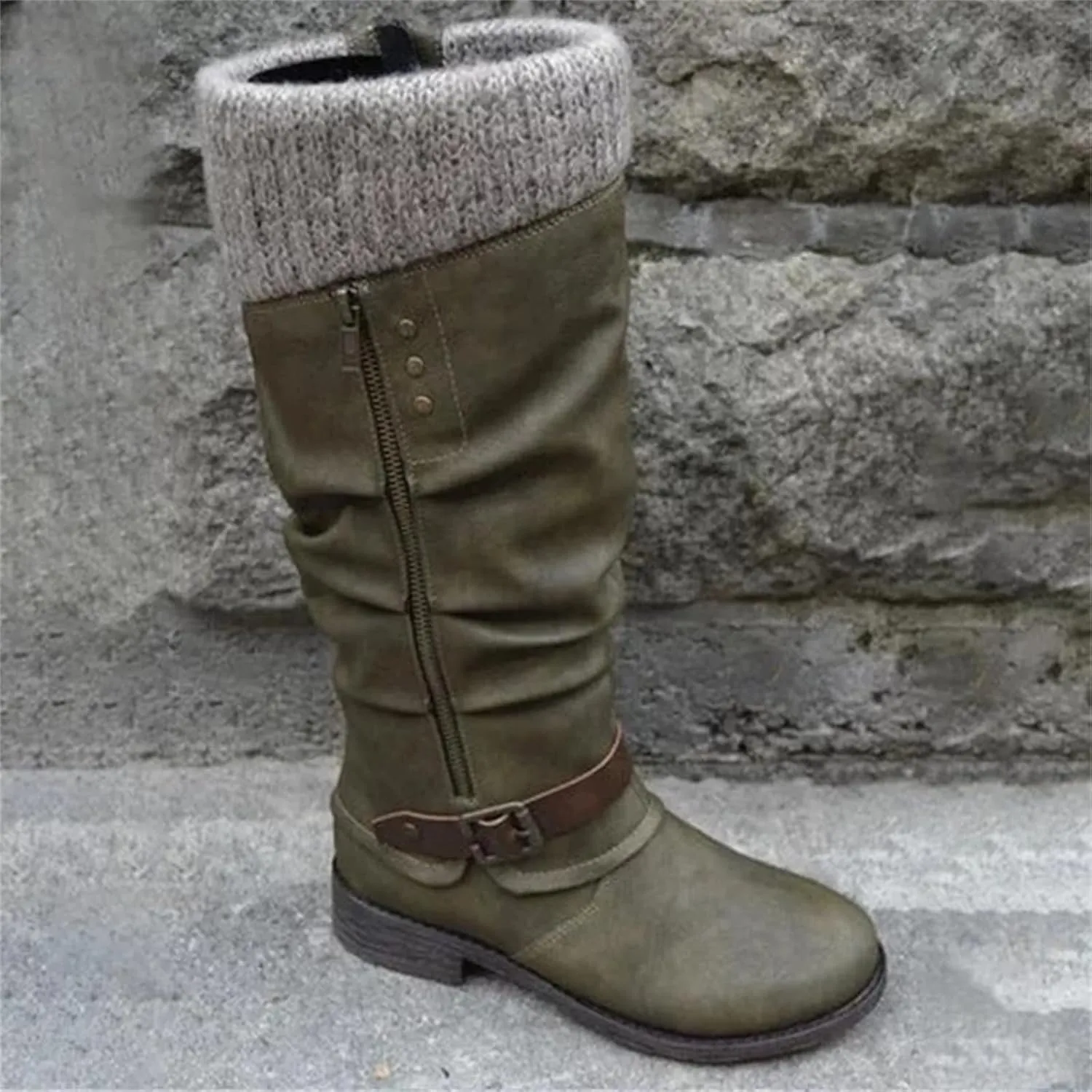 Ladmiple Cowboy Boots For Women Wide Calf Knee High Seam Mid Heel Block Heel Cowgirl Boots Slip-On with Side Zipper