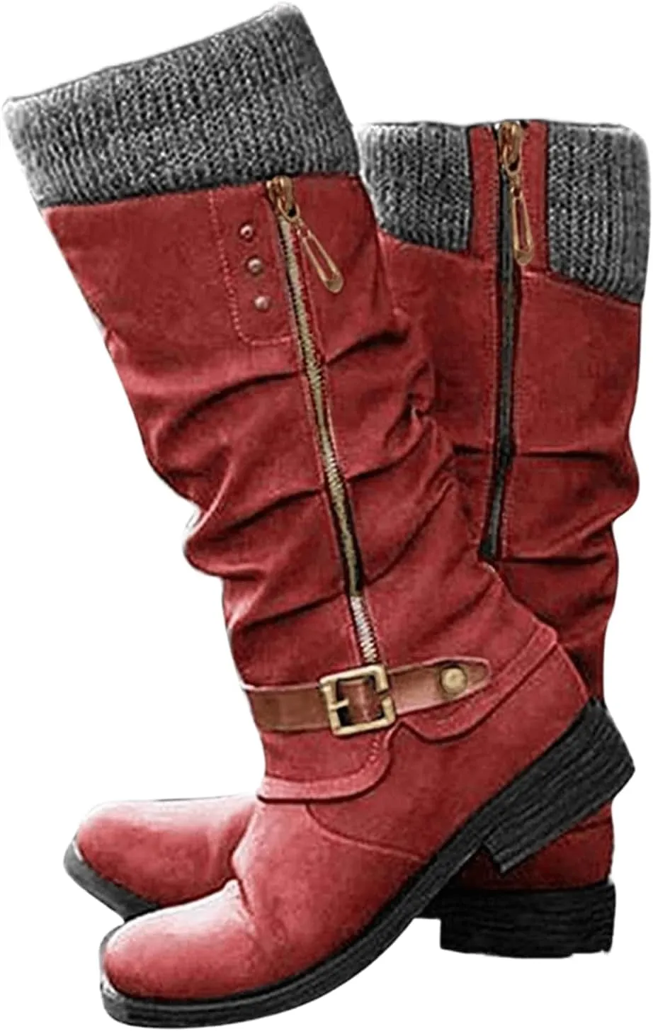 Ladmiple Cowboy Boots For Women Wide Calf Knee High Seam Mid Heel Block Heel Cowgirl Boots Slip-On with Side Zipper