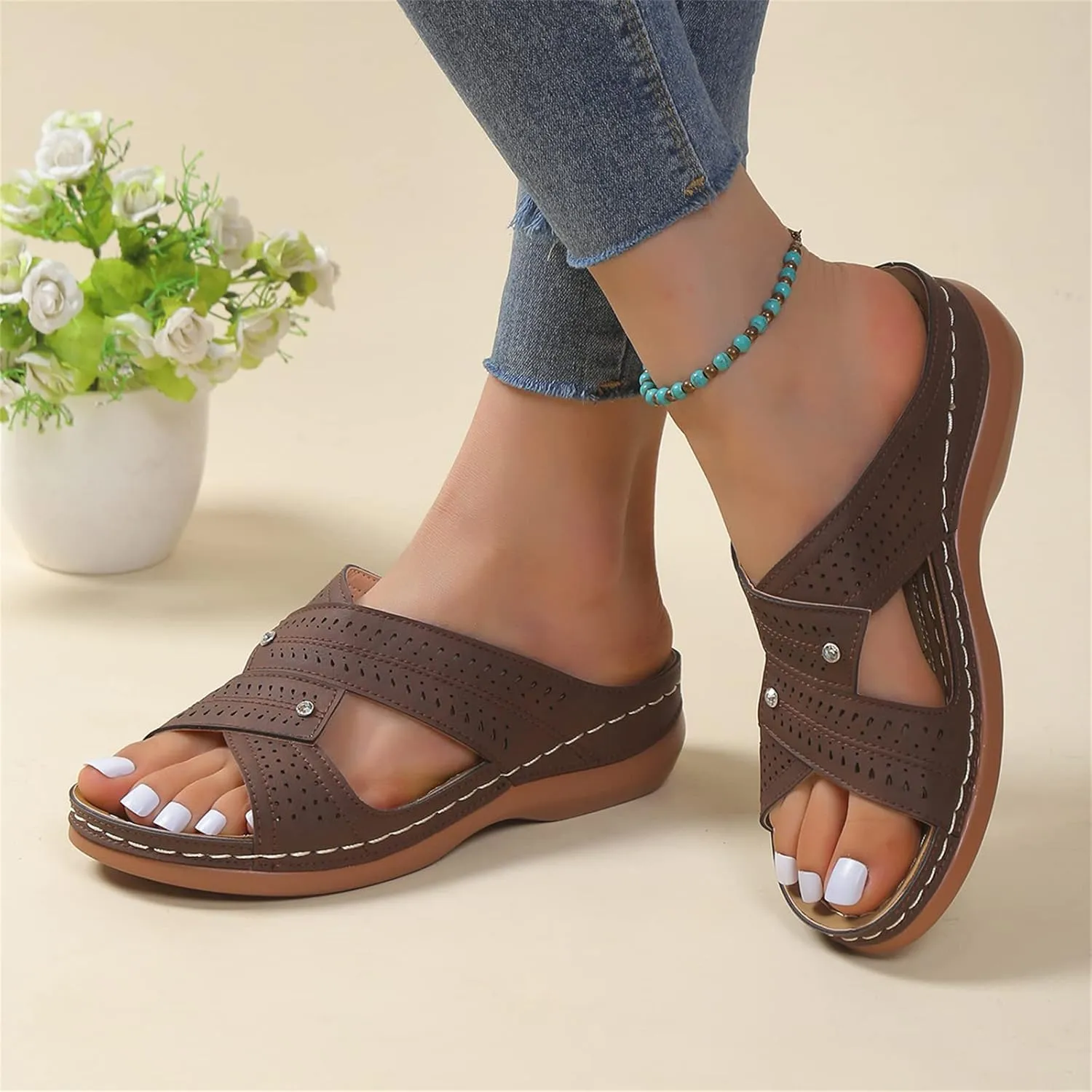 Ladmiple Womens Sandals Dressy Flat Arch Support Orthotic Flips Flops Plantar Fasciitis Comfortable Walking Orthopedic Slides