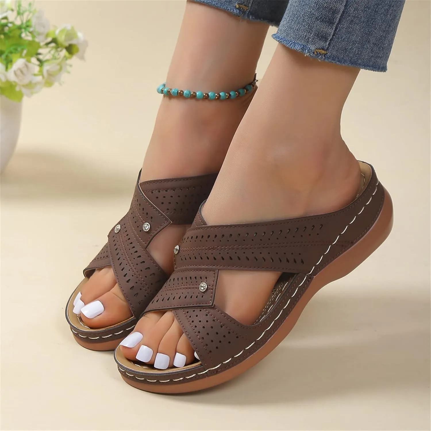 Ladmiple Womens Sandals Dressy Flat Arch Support Orthotic Flips Flops Plantar Fasciitis Comfortable Walking Orthopedic Slides
