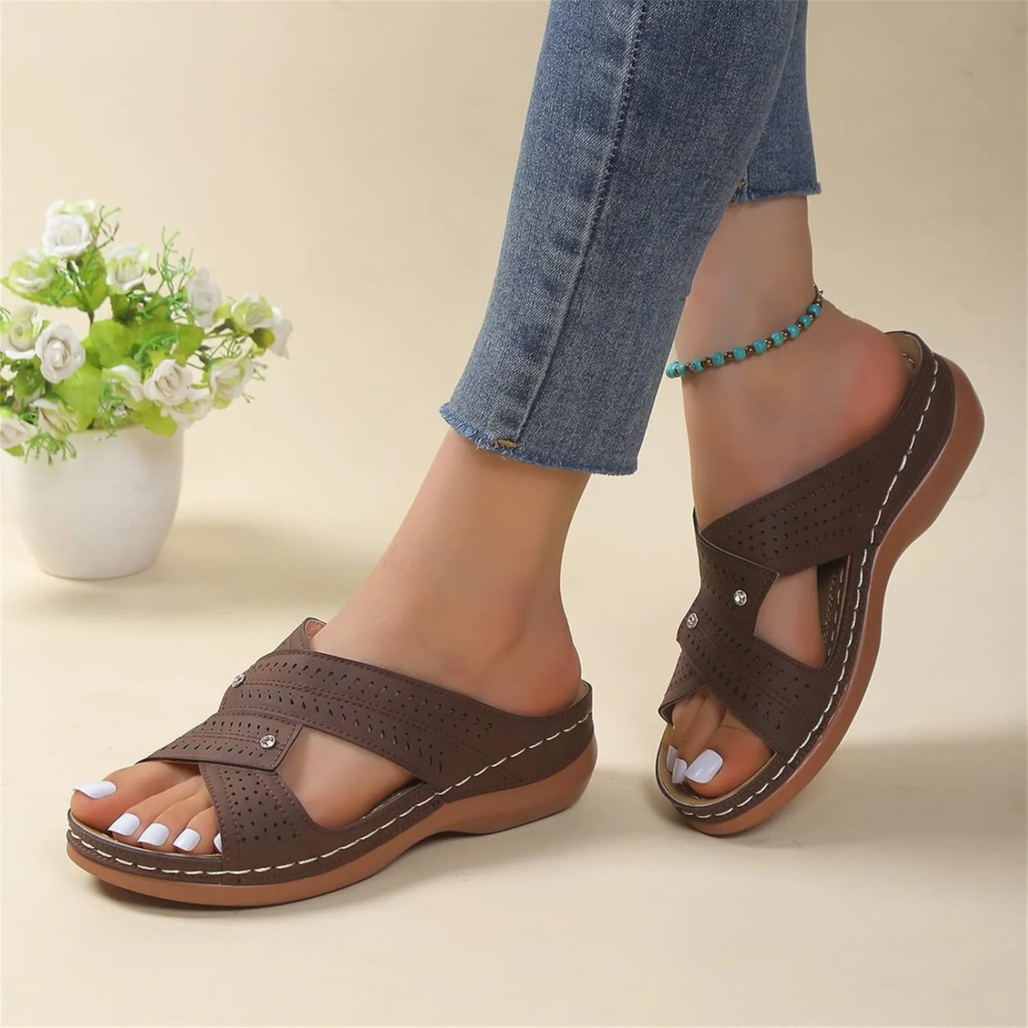 Ladmiple Womens Sandals Dressy Flat Arch Support Orthotic Flips Flops Plantar Fasciitis Comfortable Walking Orthopedic Slides