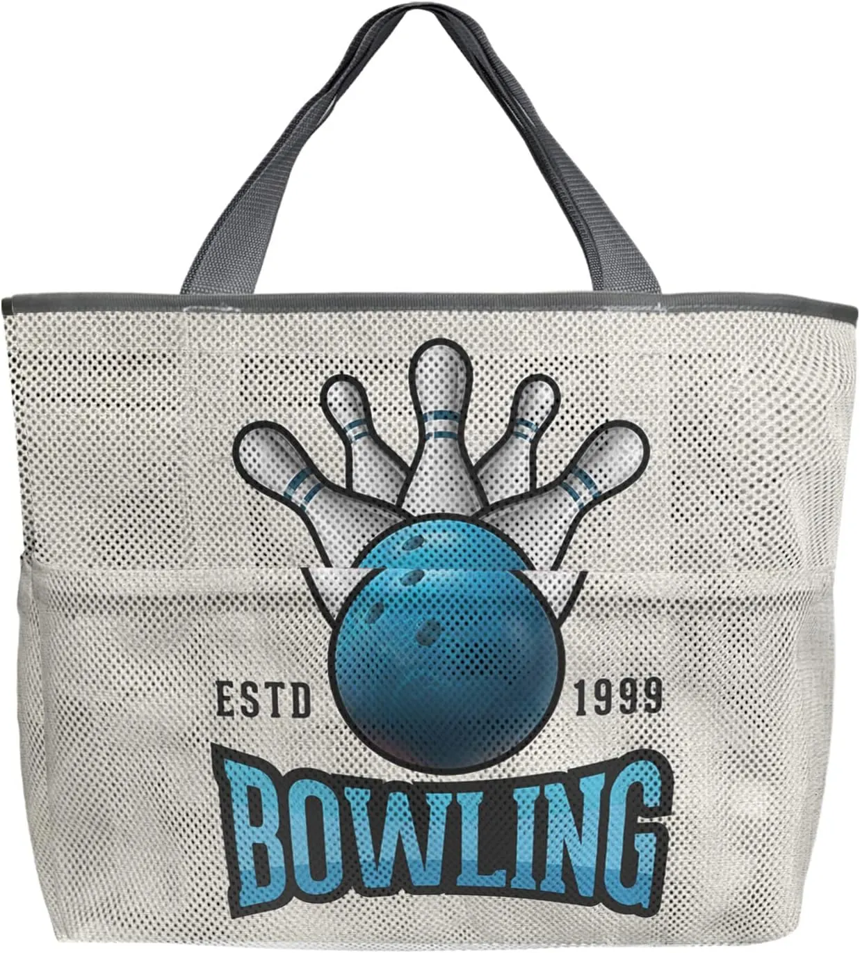 Large Beach Bag for Women, Bowling Estd 1999 Mesh Beach Tote with Pockets, Blue Ball Farmhouse Burlap Travel Toy Bag for Toys, Towel, Flip Flops