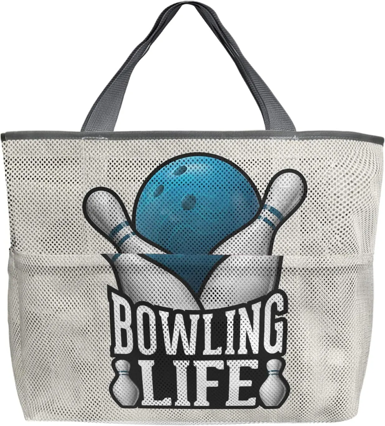 Large Beach Bag for Women, Bowling Life Mesh Beach Tote with Pockets, Blue Ball Farmhouse Burlap Travel Toy Bag for Toys, Towel, Flip Flops