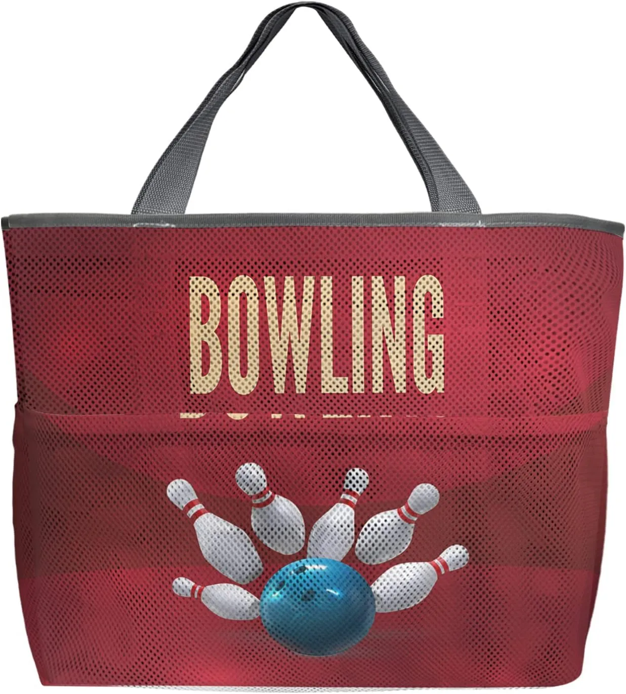 Large Beach Bag for Women, Bowling Mesh Beach Tote with Pockets, Bowling Sport Blue Ball Classic Red Decor Travel Toy Bag for Toys, Towel, Flip Flops