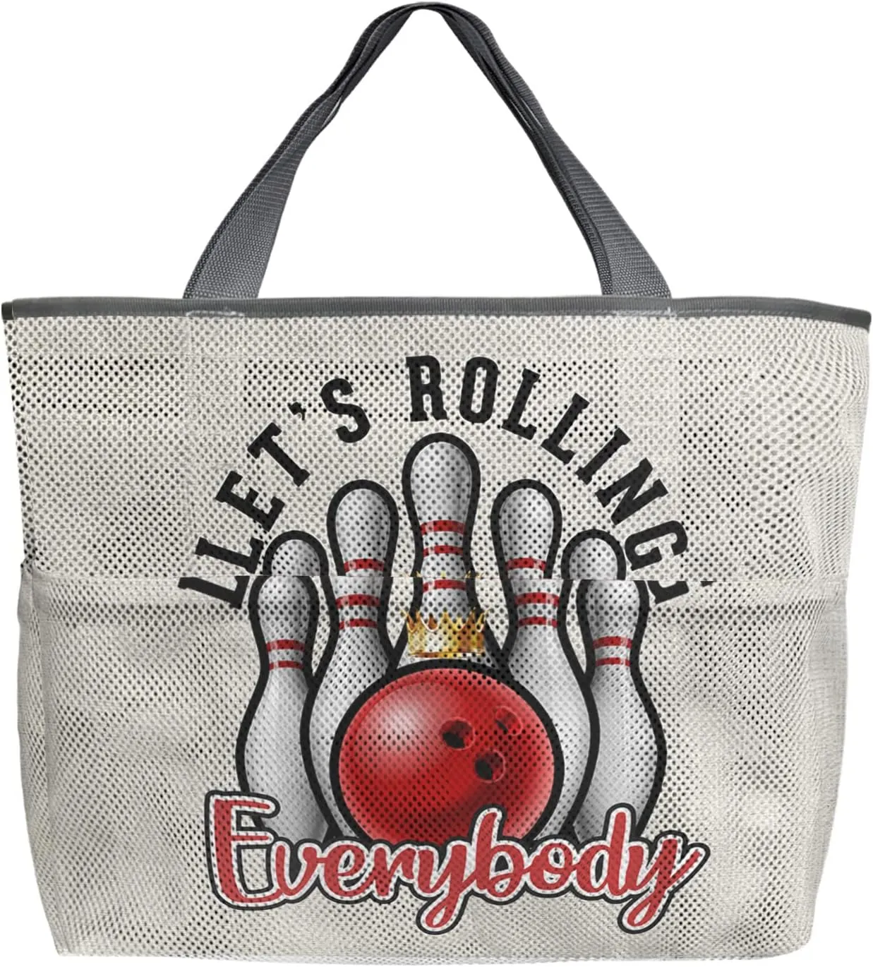 Large Beach Bag for Women, Let's Bowling Everybody Mesh Beach Tote with Pockets, Red Ball Rustic Burlap Travel Toy Bag for Toys, Towel, Flip Flops