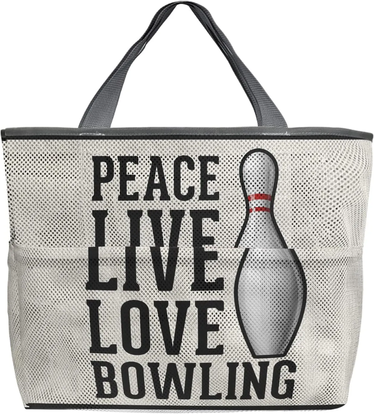 Large Beach Bag for Women, Peace Live Love Bowling Mesh Beach Tote with Pockets, Black Lace Farmhouse Burlap Travel Toy Bag for Toys, Towel, Flip Flops