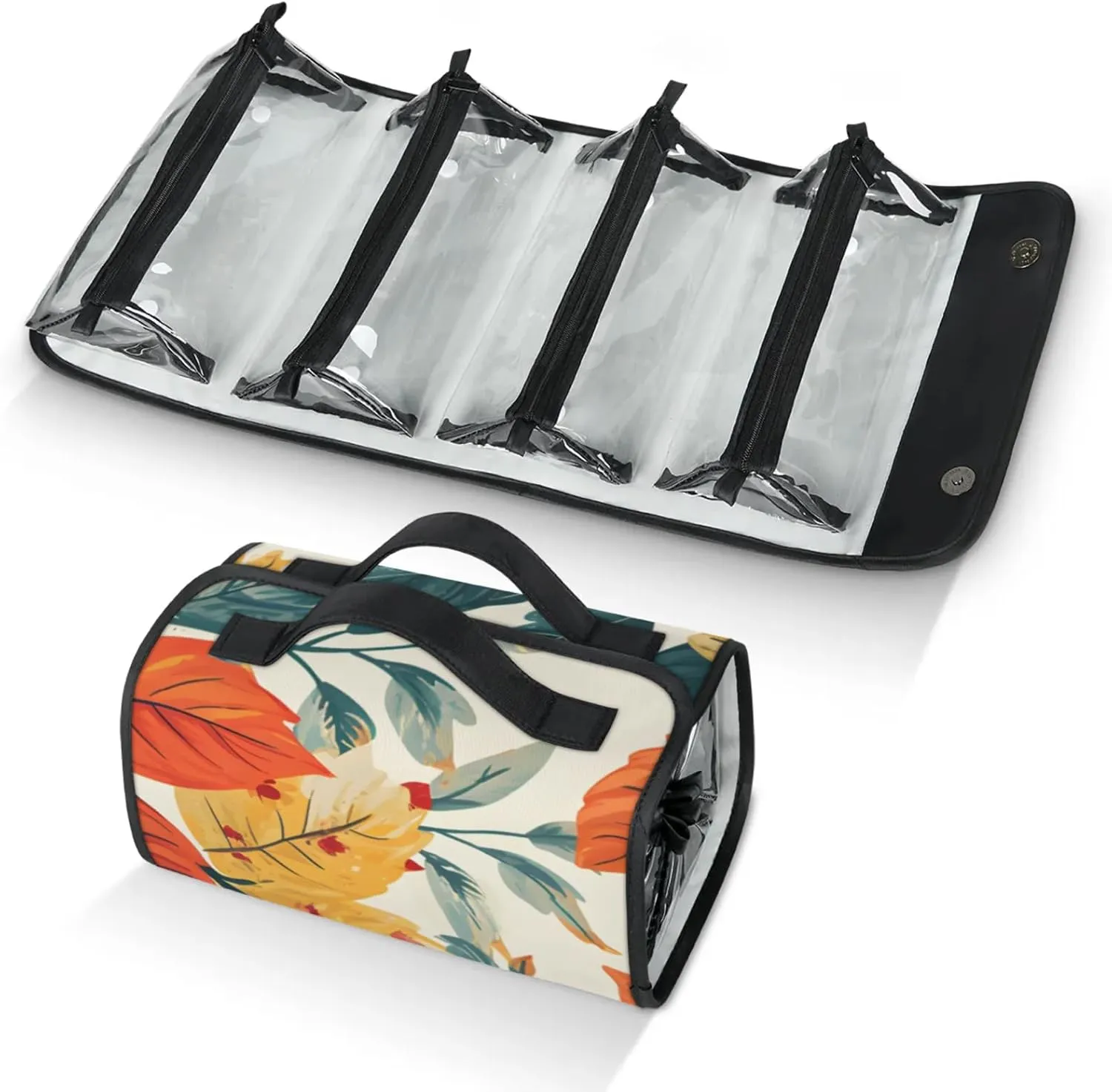 Large Capacity 4-in-1 Hanging Travel Toiletry Bag Storage Organizer With 4 Detachable Removable Zipper Clear Pouches Plants Leafy Fall