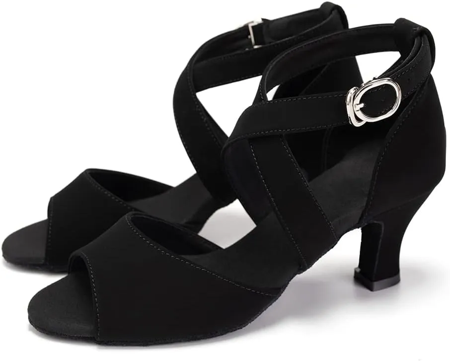 Latin Dance Shoes for Women Peep Toe Salsa Bachata Ballroom Ankle Strap Dance Shoes,Model FT095