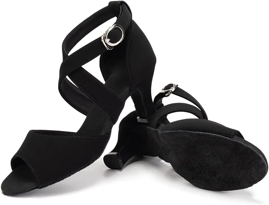 Latin Dance Shoes for Women Peep Toe Salsa Bachata Ballroom Ankle Strap Dance Shoes,Model FT095