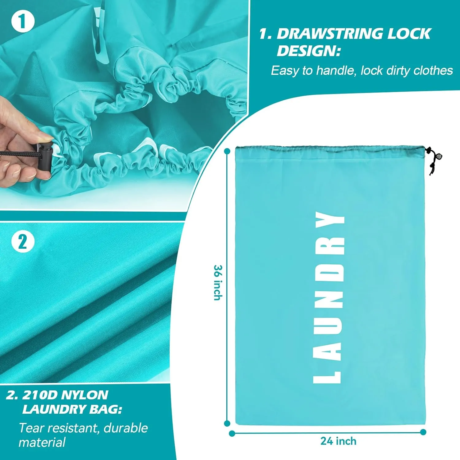 Laundry Bag,2 Pack Travel Laundry Bags for Dirty Clothes,Large Laundry Bags for Camping & Traveling,Dirty Clothes Travel Bag,24" x 36" (Cyan   Gray)