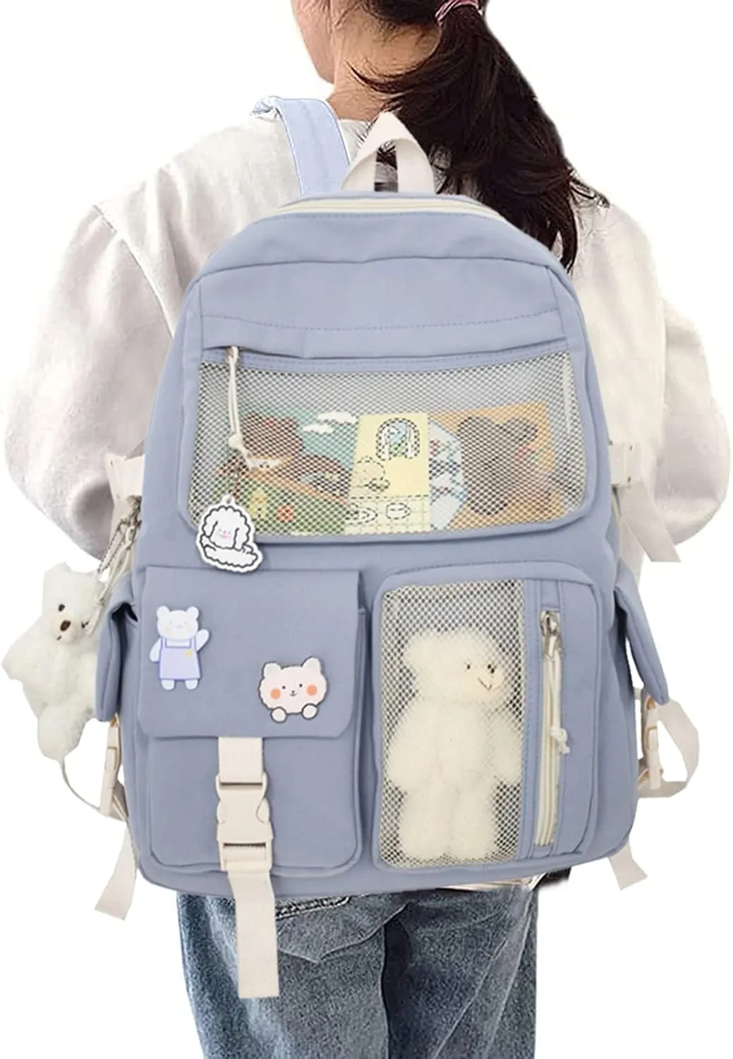 Leather Travel Backpack for Women Convertible Shoulder Bags with Wristlet for Work College Clear Mini Backpack(Blue)
