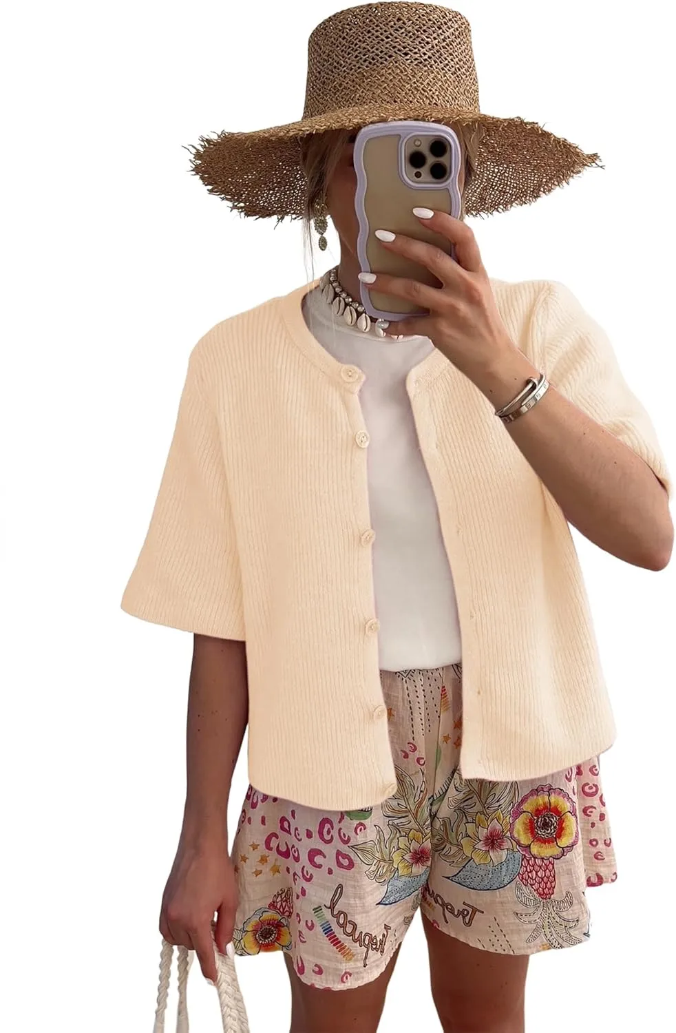LOMON Womens Spring Summer Short Sleeve Cardigan Sweaters Trendy Crew Neck Button Down Lightweight Knit Outfit Y2k Clothes