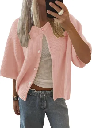LOMON Womens Spring Summer Short Sleeve Cardigan Sweaters Trendy Crew Neck Button Down Lightweight Knit Outfit Y2k Clothes