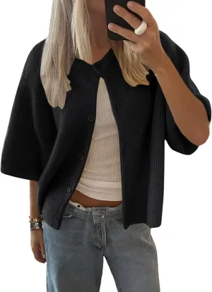 LOMON Womens Spring Summer Short Sleeve Cardigan Sweaters Trendy Crew Neck Button Down Lightweight Knit Outfit Y2k Clothes