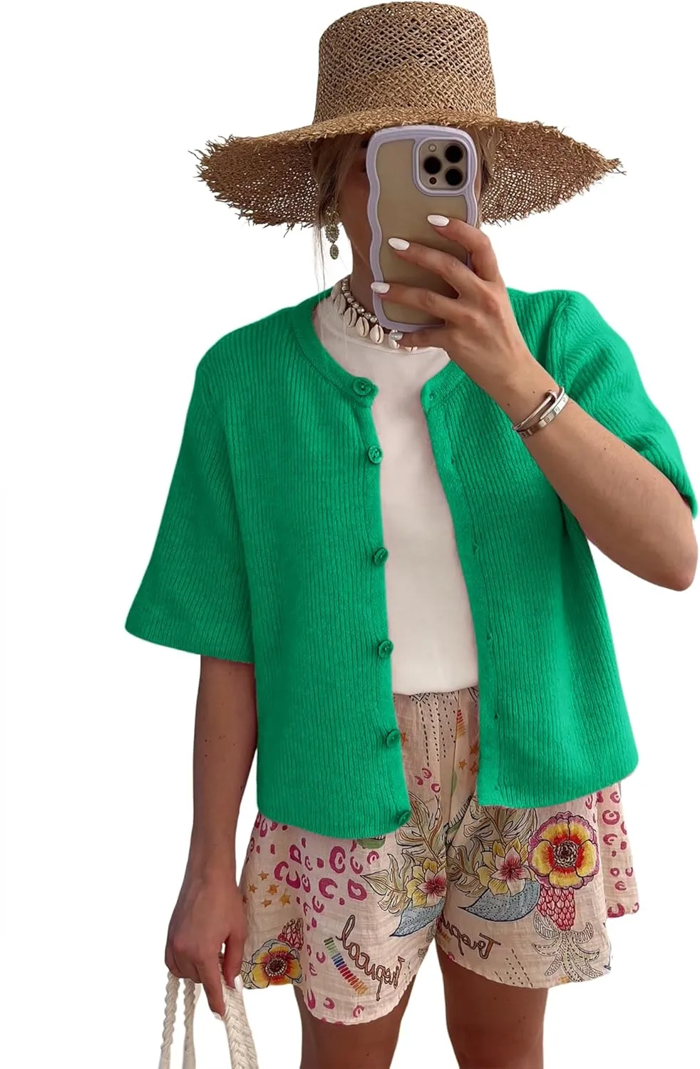 LOMON Womens Spring Summer Short Sleeve Cardigan Sweaters Trendy Crew Neck Button Down Lightweight Knit Outfit Y2k Clothes