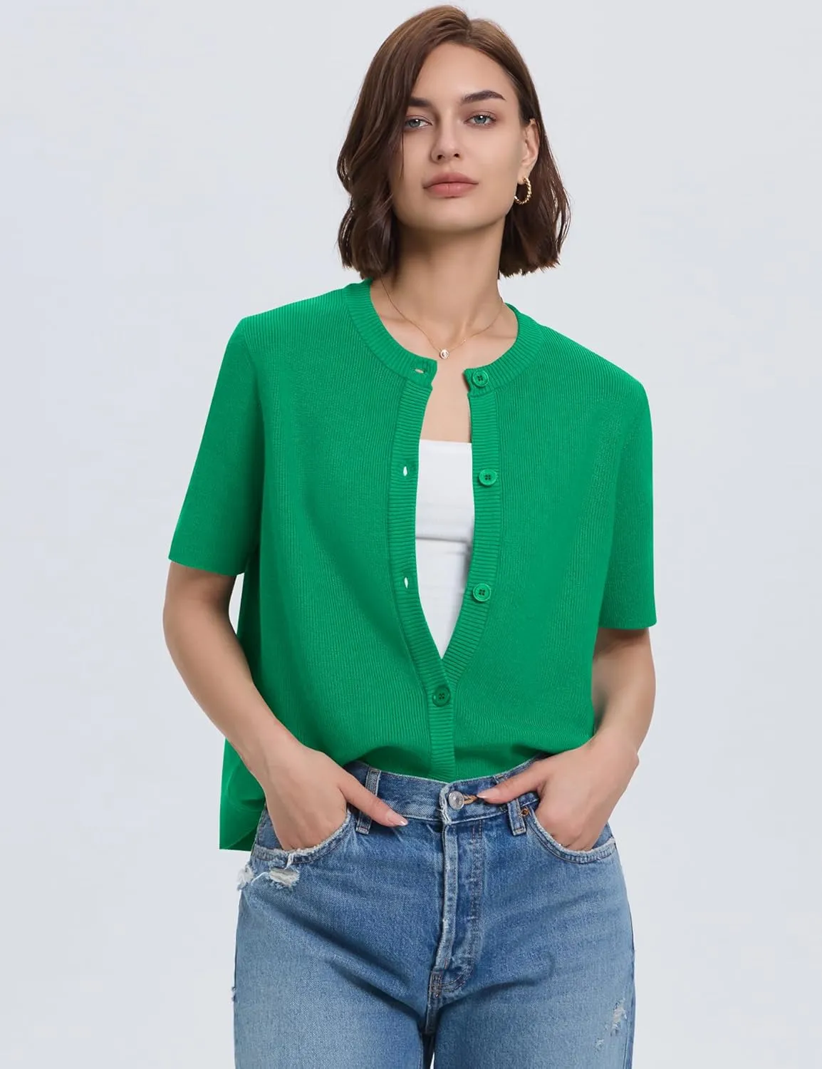 LOMON Womens Spring Summer Short Sleeve Cardigan Sweaters Trendy Crew Neck Button Down Lightweight Knit Outfit Y2k Clothes