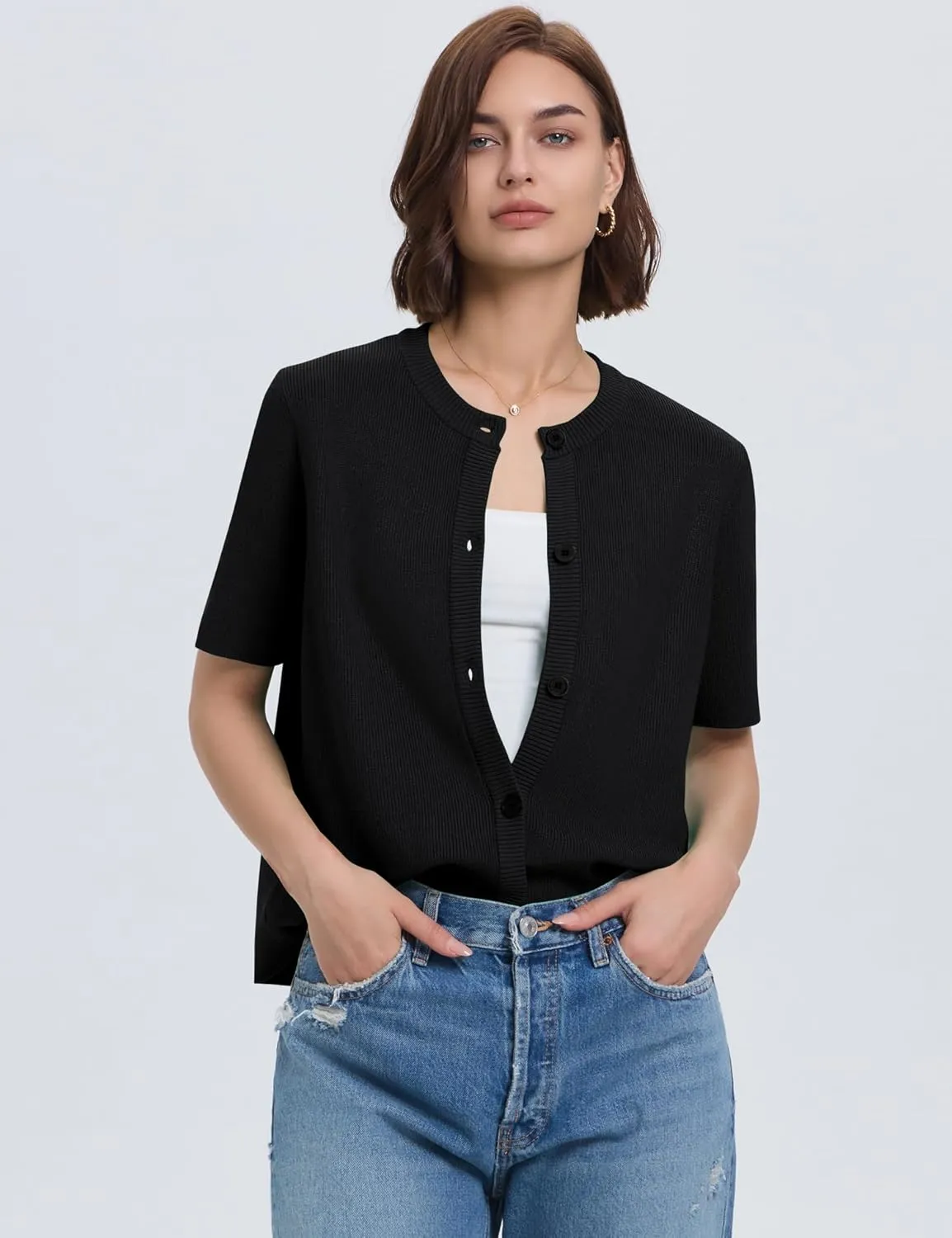 LOMON Womens Spring Summer Short Sleeve Cardigan Sweaters Trendy Crew Neck Button Down Lightweight Knit Outfit Y2k Clothes