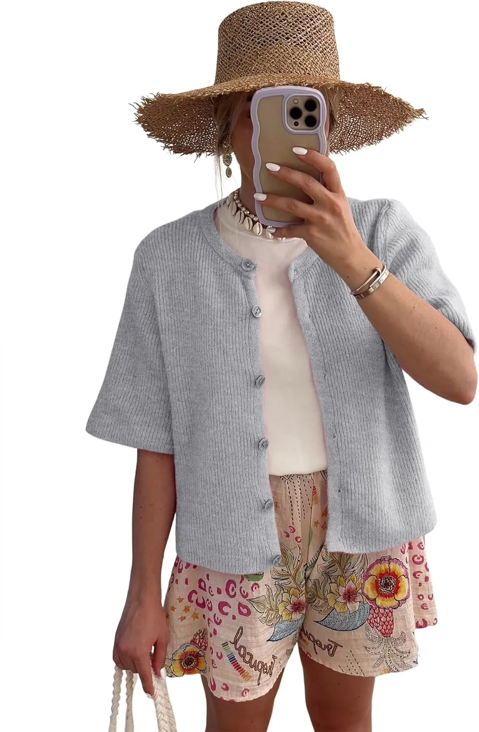 LOMON Womens Spring Summer Short Sleeve Cardigan Sweaters Trendy Crew Neck Button Down Lightweight Knit Outfit Y2k Clothes
