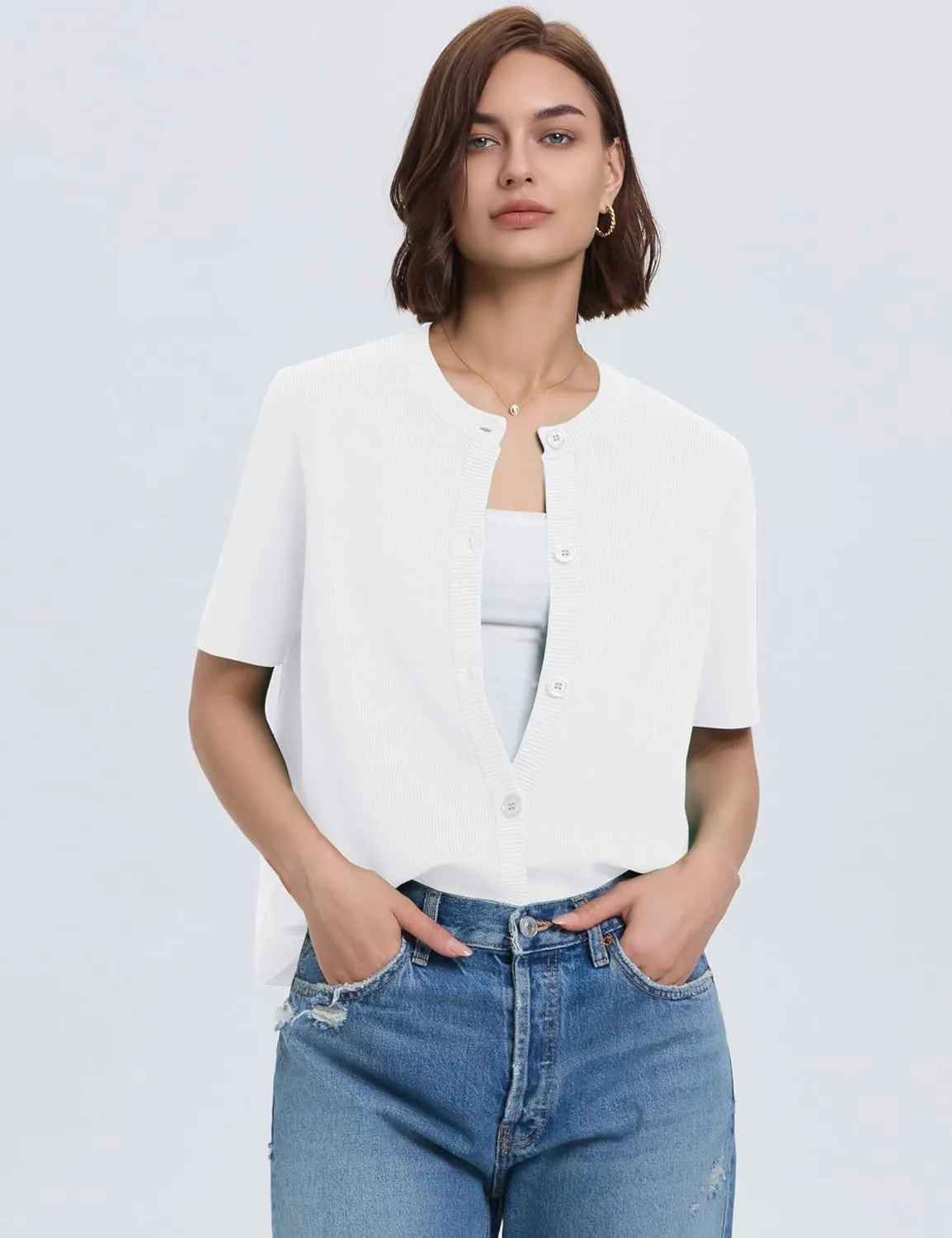 LOMON Womens Spring Summer Short Sleeve Cardigan Sweaters Trendy Crew Neck Button Down Lightweight Knit Outfit Y2k Clothes