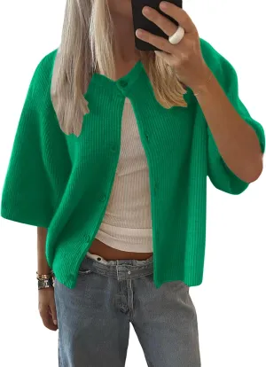 LOMON Womens Spring Summer Short Sleeve Cardigan Sweaters Trendy Crew Neck Button Down Lightweight Knit Outfit Y2k Clothes