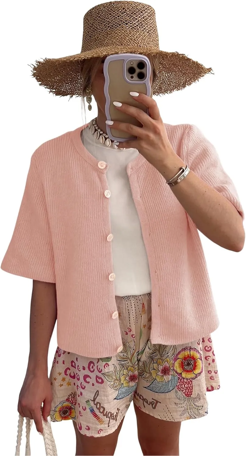 LOMON Womens Spring Summer Short Sleeve Cardigan Sweaters Trendy Crew Neck Button Down Lightweight Knit Outfit Y2k Clothes