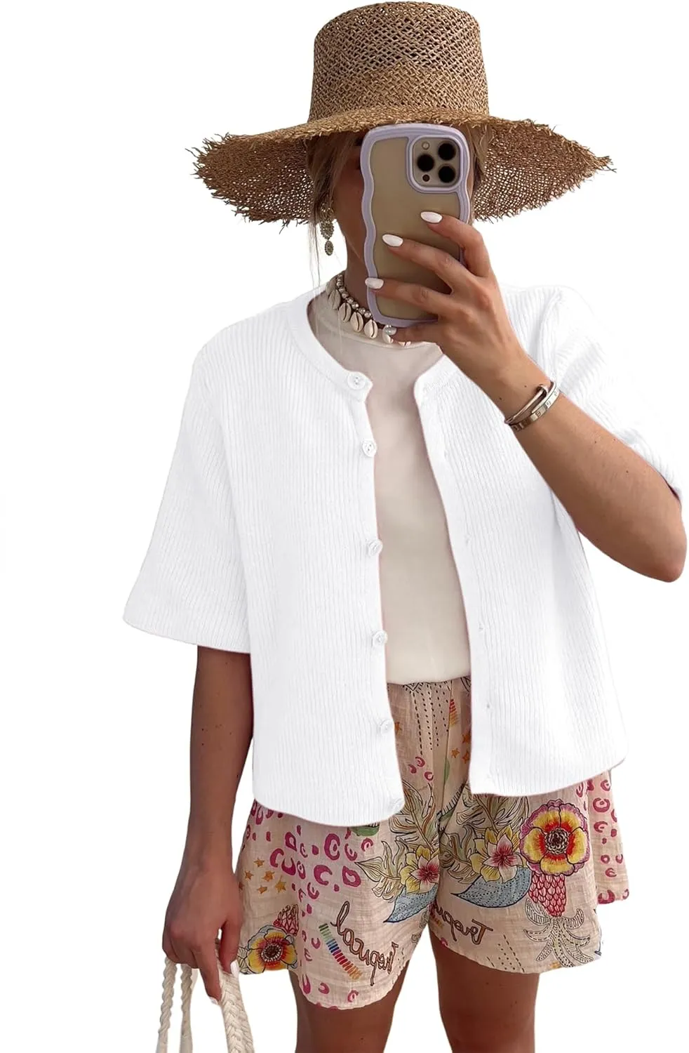 LOMON Womens Spring Summer Short Sleeve Cardigan Sweaters Trendy Crew Neck Button Down Lightweight Knit Outfit Y2k Clothes