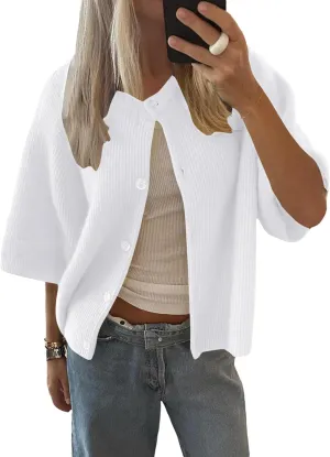 LOMON Womens Spring Summer Short Sleeve Cardigan Sweaters Trendy Crew Neck Button Down Lightweight Knit Outfit Y2k Clothes