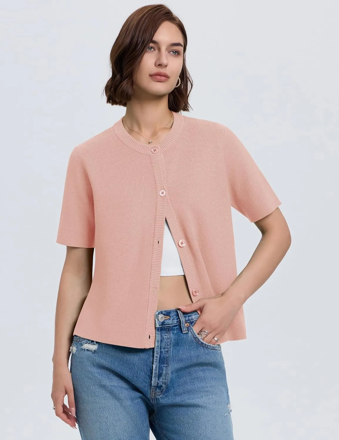 LOMON Womens Spring Summer Short Sleeve Cardigan Sweaters Trendy Crew Neck Button Down Lightweight Knit Outfit Y2k Clothes