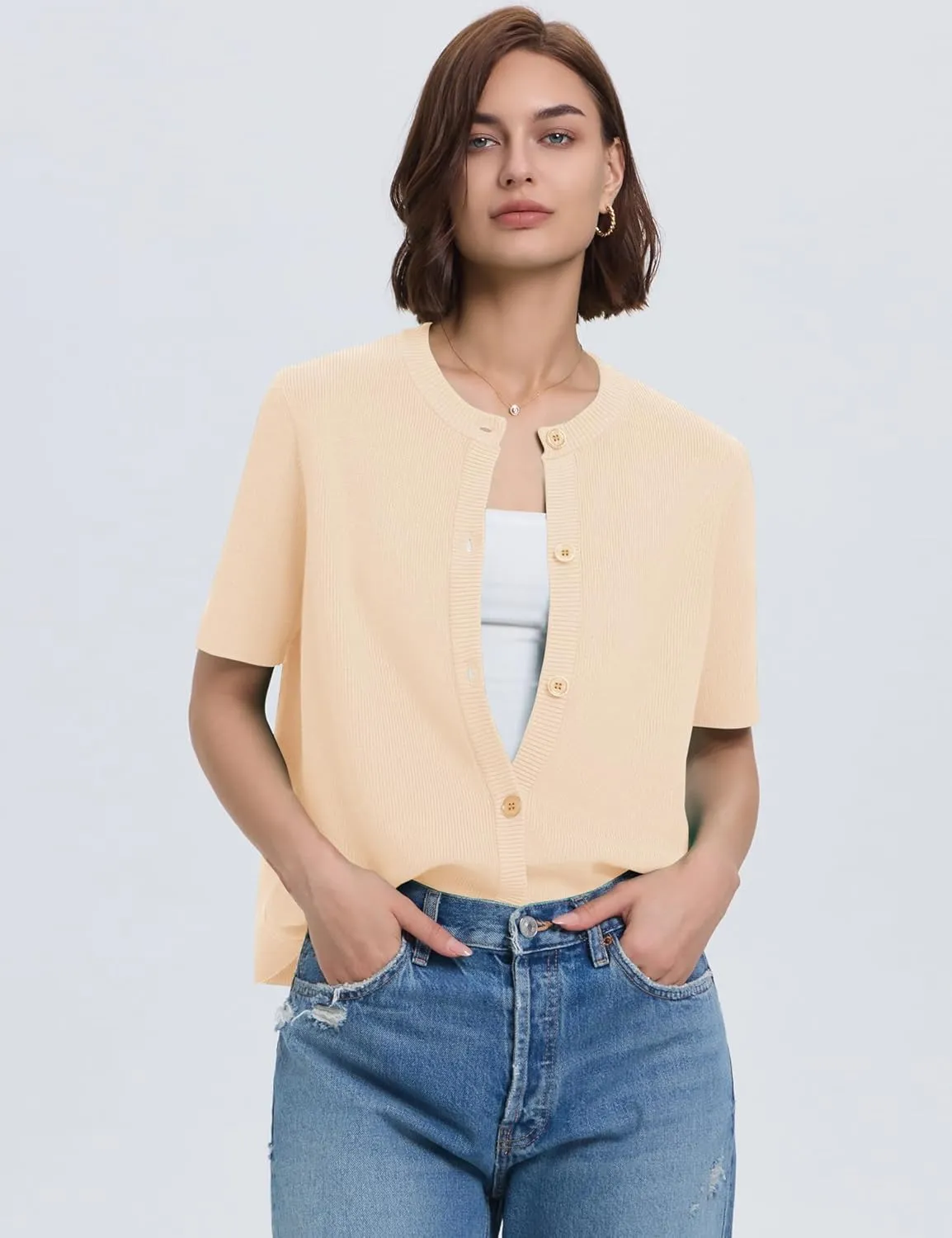 LOMON Womens Spring Summer Short Sleeve Cardigan Sweaters Trendy Crew Neck Button Down Lightweight Knit Outfit Y2k Clothes