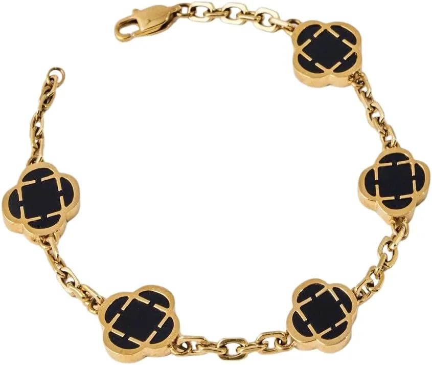 Lucky Clover Bracelets for Women - 18K Gold Plated Bracelets for Women Trendy - Adjustable Up to 19CM Extendable Bracelets with Black/White Clover - Four Leaf Clover Bracelets Jewelry Gifts for Women