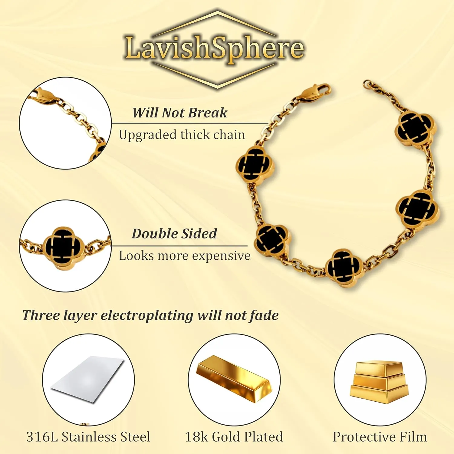 Lucky Clover Bracelets for Women - 18K Gold Plated Bracelets for Women Trendy - Adjustable Up to 19CM Extendable Bracelets with Black/White Clover - Four Leaf Clover Bracelets Jewelry Gifts for Women