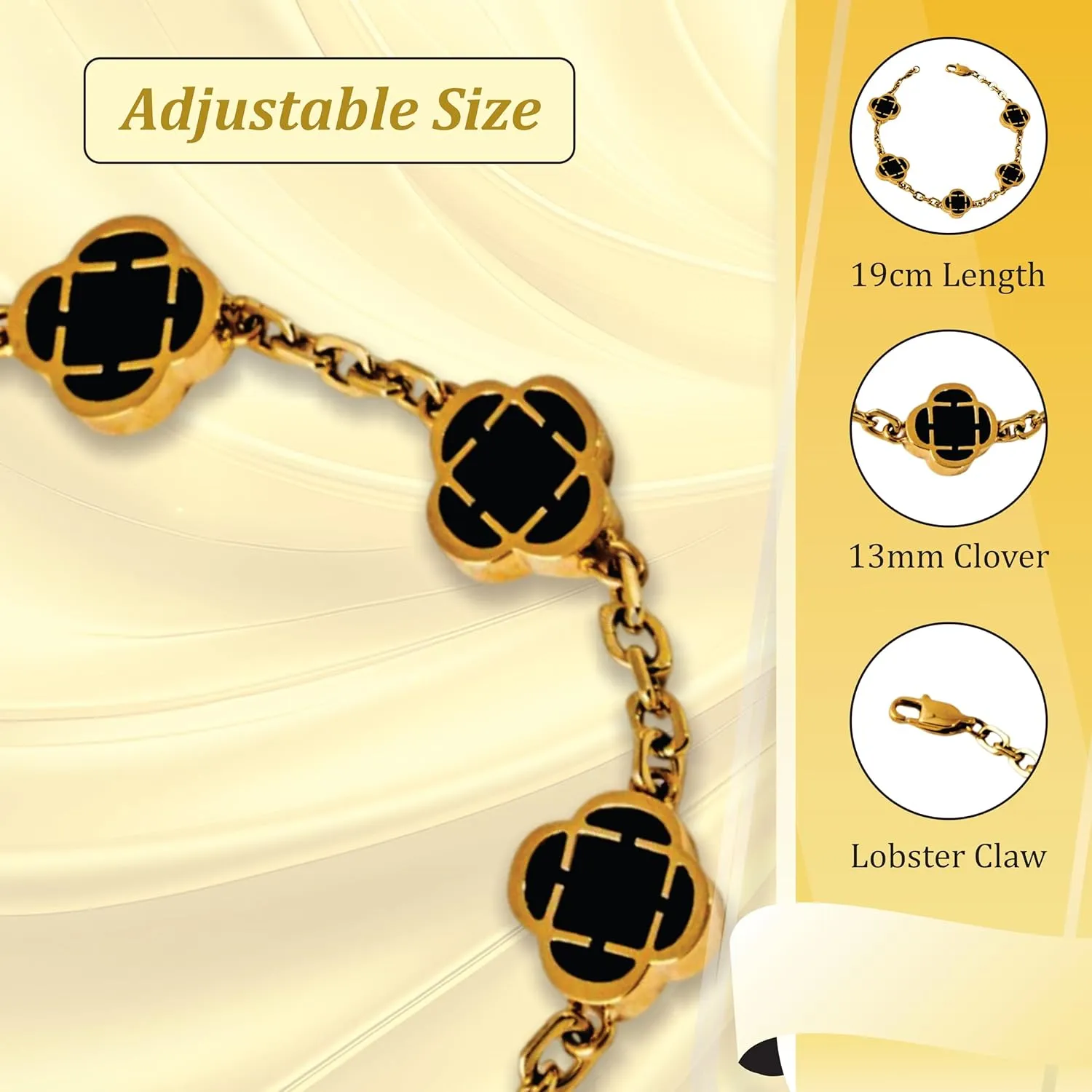 Lucky Clover Bracelets for Women - 18K Gold Plated Bracelets for Women Trendy - Adjustable Up to 19CM Extendable Bracelets with Black/White Clover - Four Leaf Clover Bracelets Jewelry Gifts for Women