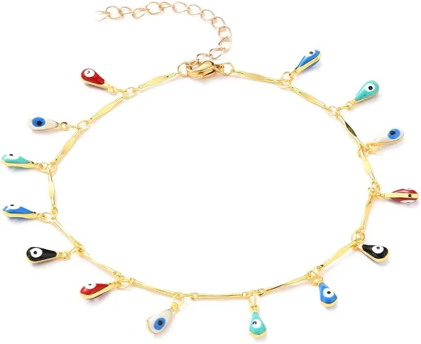 LZD Enamel Charm Anklet Bracelet Stainless Steel Lobster Teardrop Evil Eye Gold 9.6" Z13