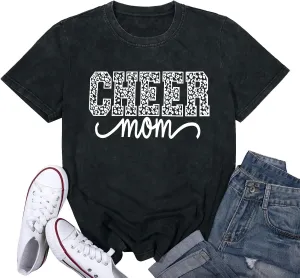 Mama Shirt Cheer Mom Shirt Graphic Tees for Women Acid Wash T-Shirt Vintage Letter Printed Tee Short Sleeve Casual Tops