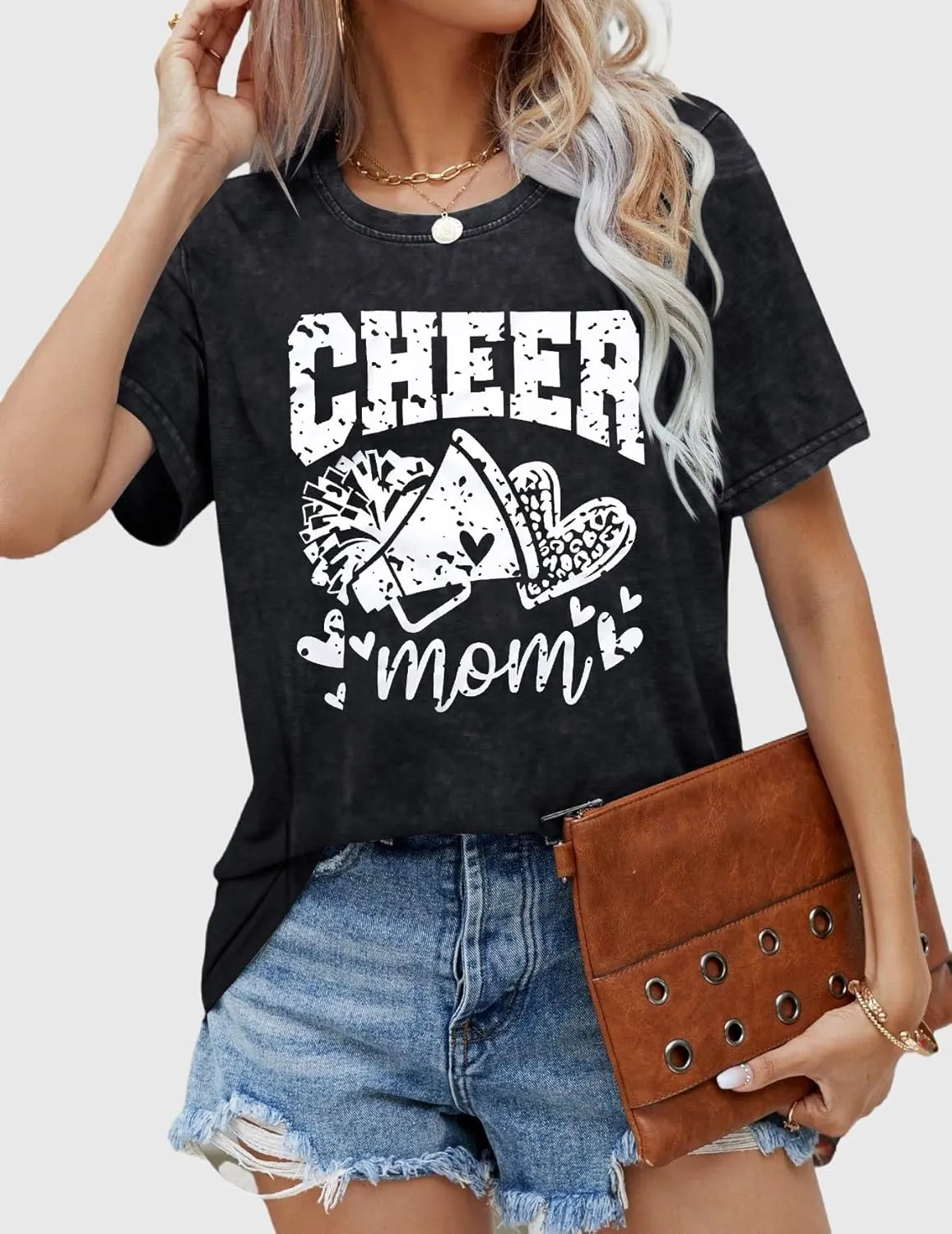 Mama Shirt Cheer Mom Shirt Graphic Tees for Women Acid Wash T-Shirt Vintage Letter Printed Tee Short Sleeve Casual Tops