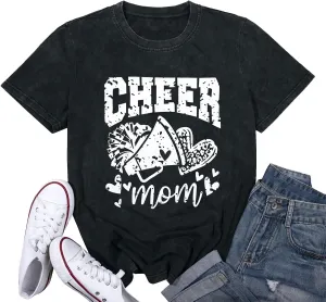 Mama Shirt Cheer Mom Shirt Graphic Tees for Women Acid Wash T-Shirt Vintage Letter Printed Tee Short Sleeve Casual Tops