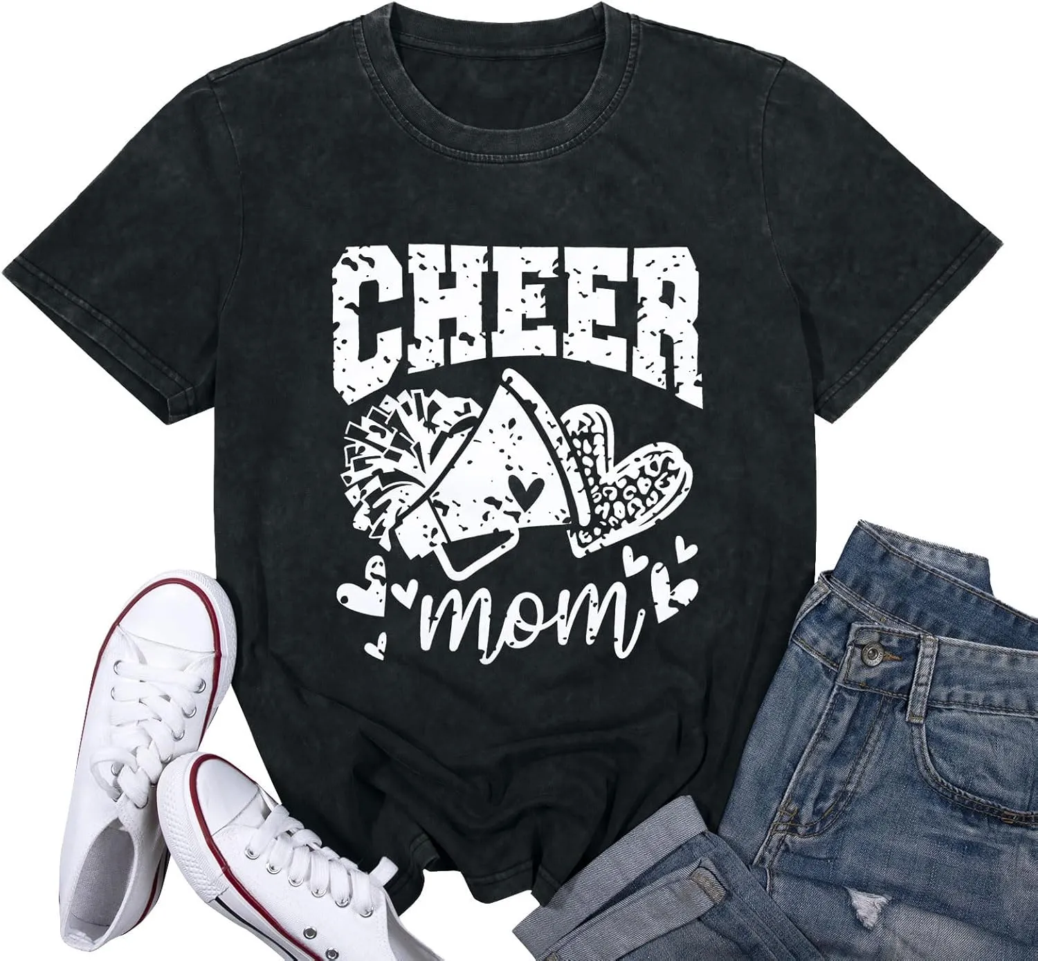 Mama Shirt Cheer Mom Shirt Graphic Tees for Women Acid Wash T-Shirt Vintage Letter Printed Tee Short Sleeve Casual Tops