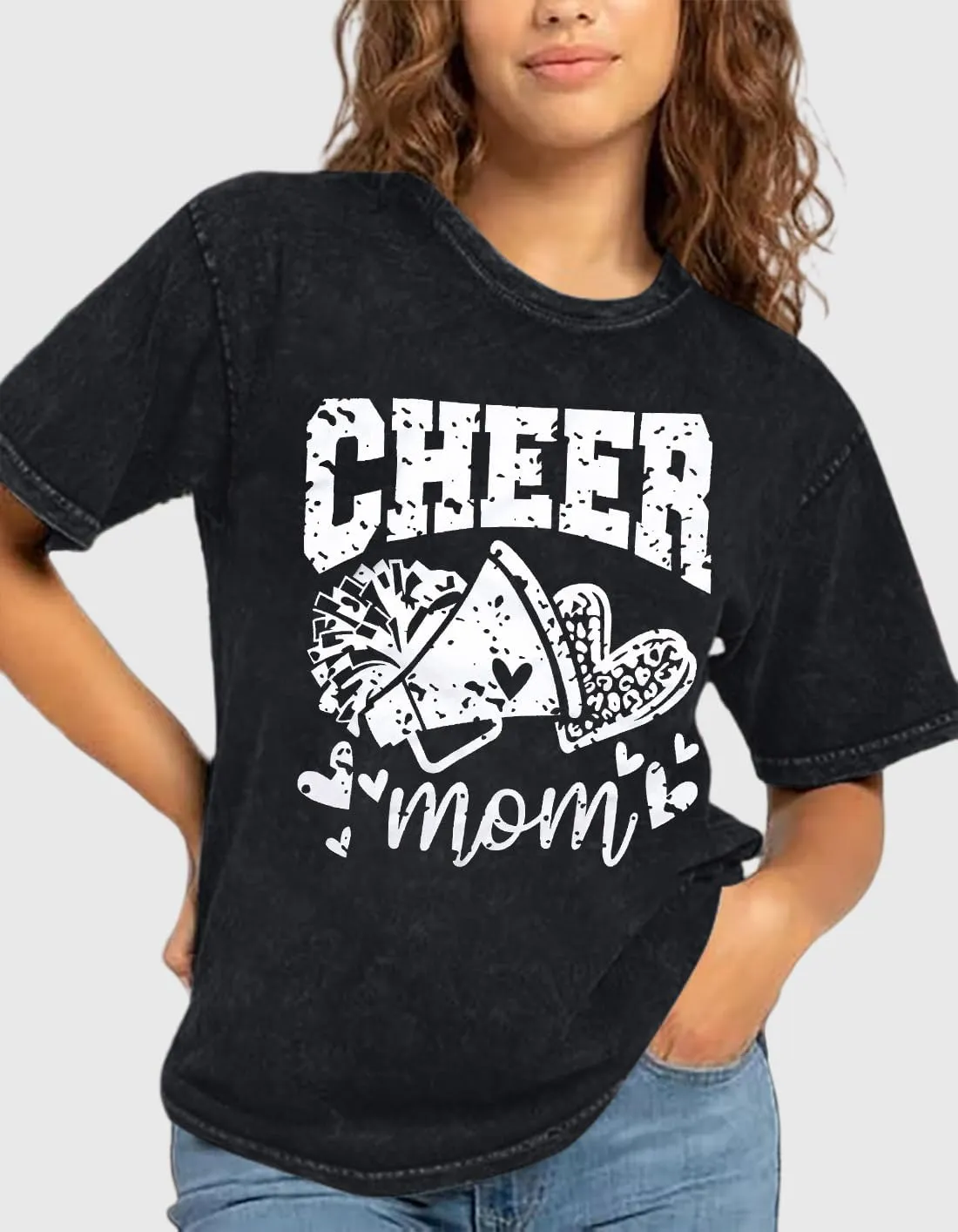 Mama Shirt Cheer Mom Shirt Graphic Tees for Women Acid Wash T-Shirt Vintage Letter Printed Tee Short Sleeve Casual Tops