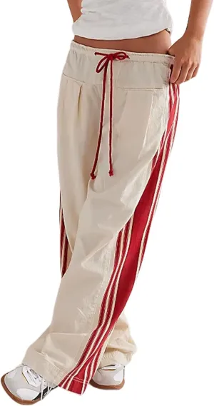 Melliflo Women Wide Leg Pants Drawstring Waist High Rise Sweatpants Side Striped Baggy Palazzo Pants with Pocket