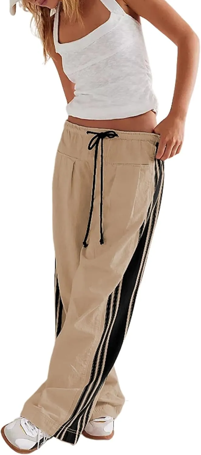 Melliflo Women Wide Leg Pants Drawstring Waist High Rise Sweatpants Side Striped Baggy Palazzo Pants with Pocket