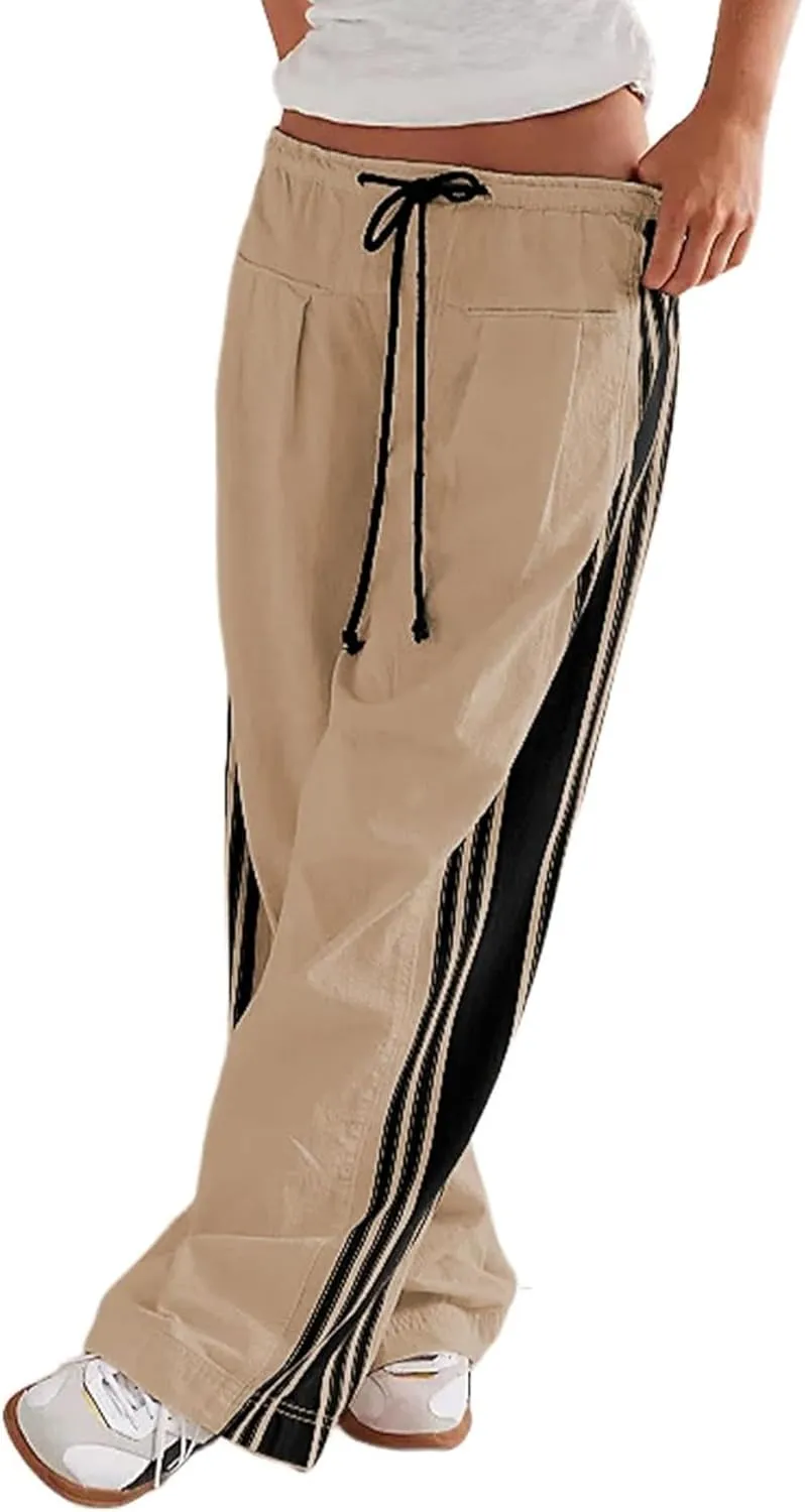 Melliflo Women Wide Leg Pants Drawstring Waist High Rise Sweatpants Side Striped Baggy Palazzo Pants with Pocket