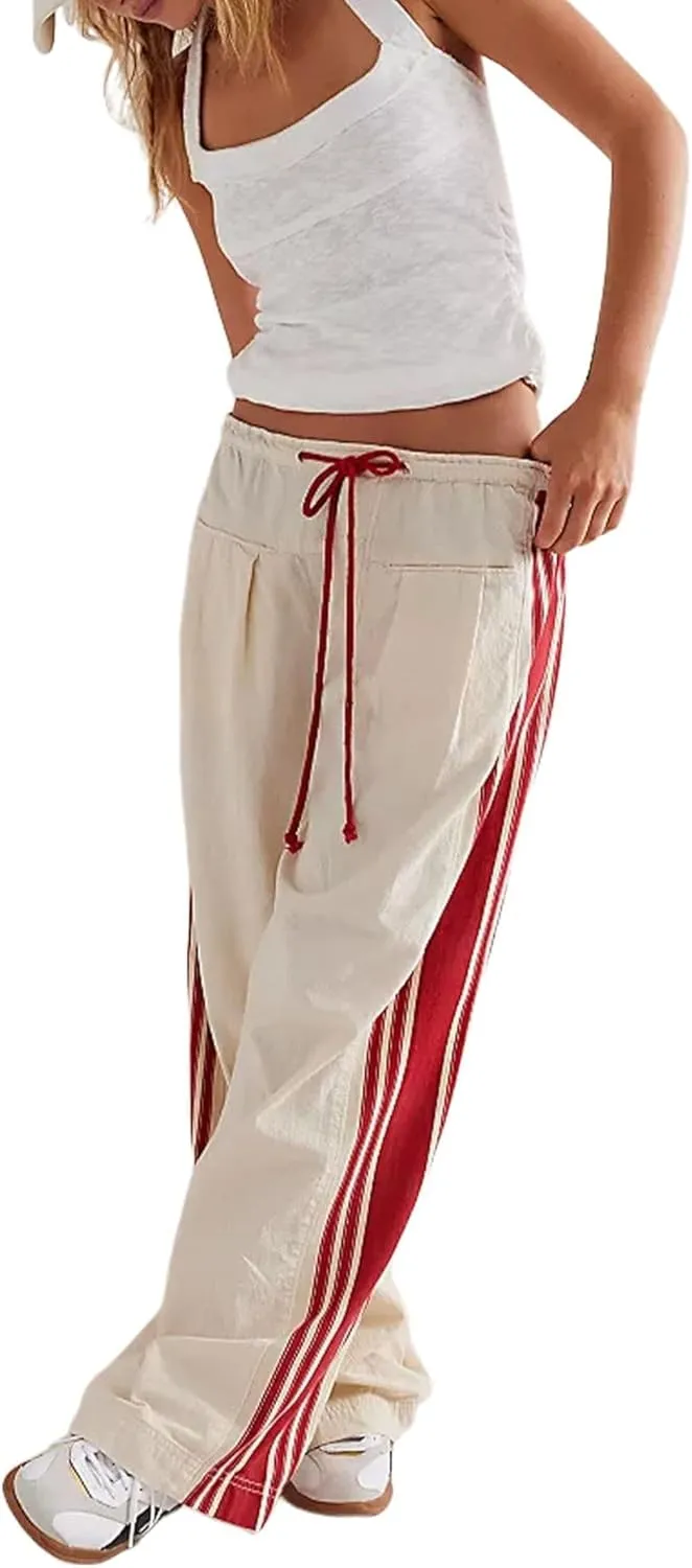 Melliflo Women Wide Leg Pants Drawstring Waist High Rise Sweatpants Side Striped Baggy Palazzo Pants with Pocket