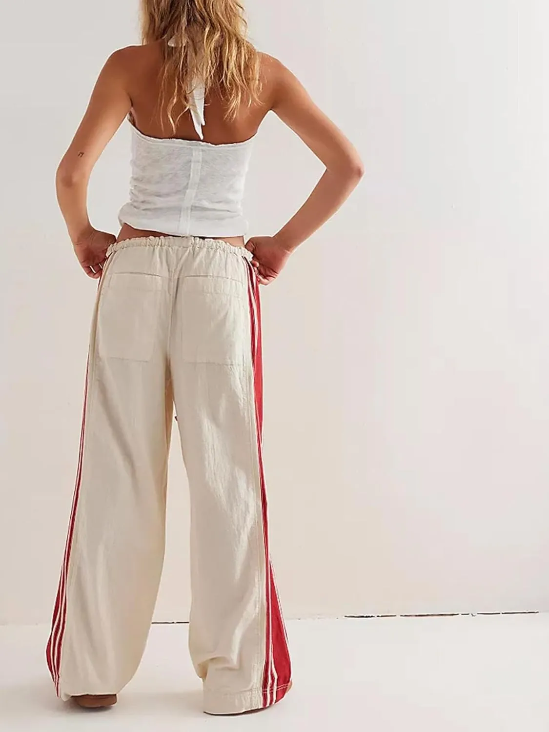 Melliflo Women Wide Leg Pants Drawstring Waist High Rise Sweatpants Side Striped Baggy Palazzo Pants with Pocket