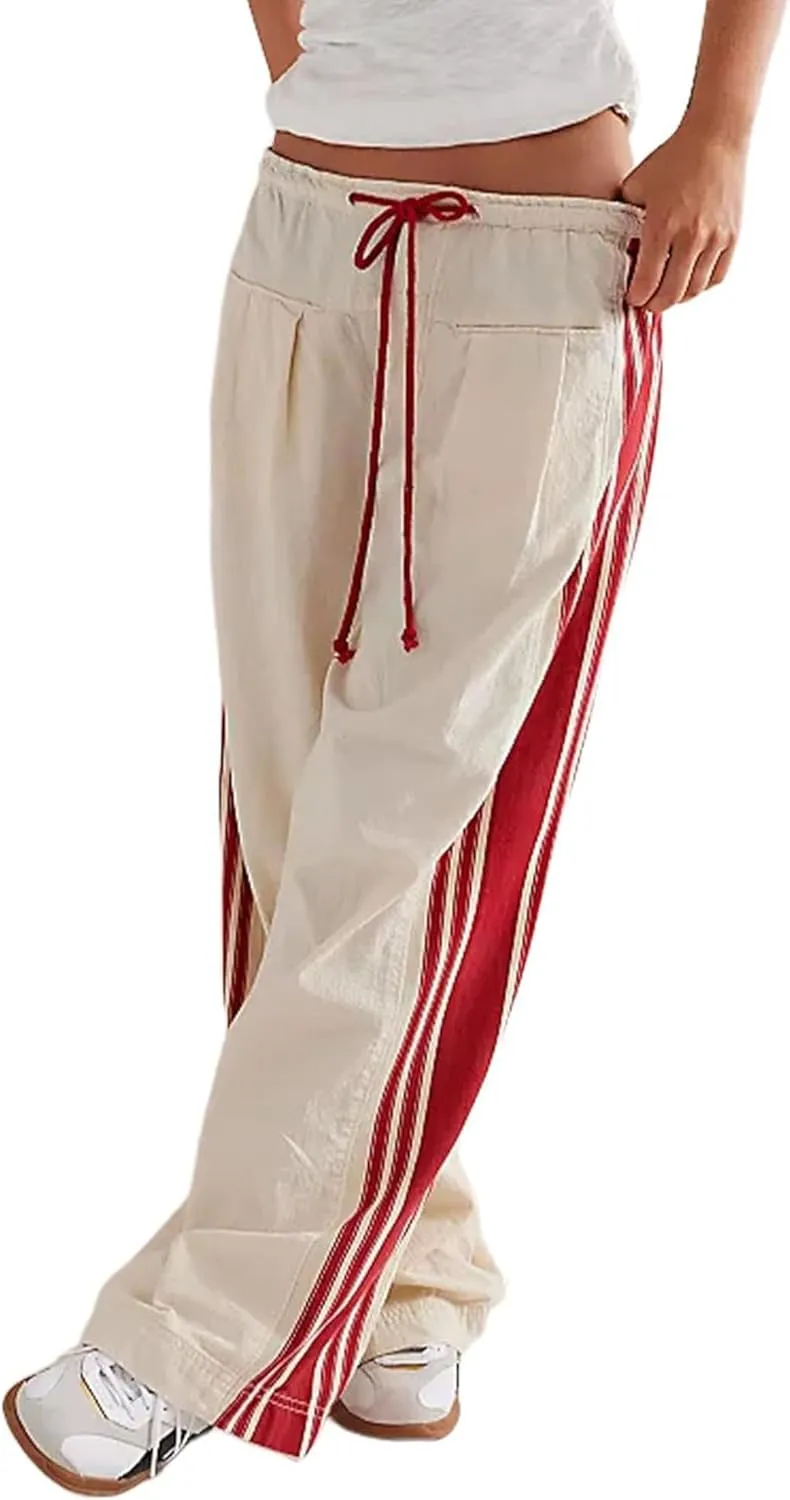Melliflo Women Wide Leg Pants Drawstring Waist High Rise Sweatpants Side Striped Baggy Palazzo Pants with Pocket