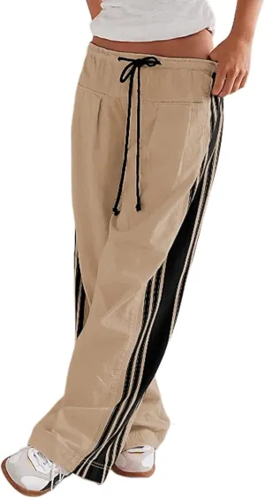 Melliflo Women Wide Leg Pants Drawstring Waist High Rise Sweatpants Side Striped Baggy Palazzo Pants with Pocket