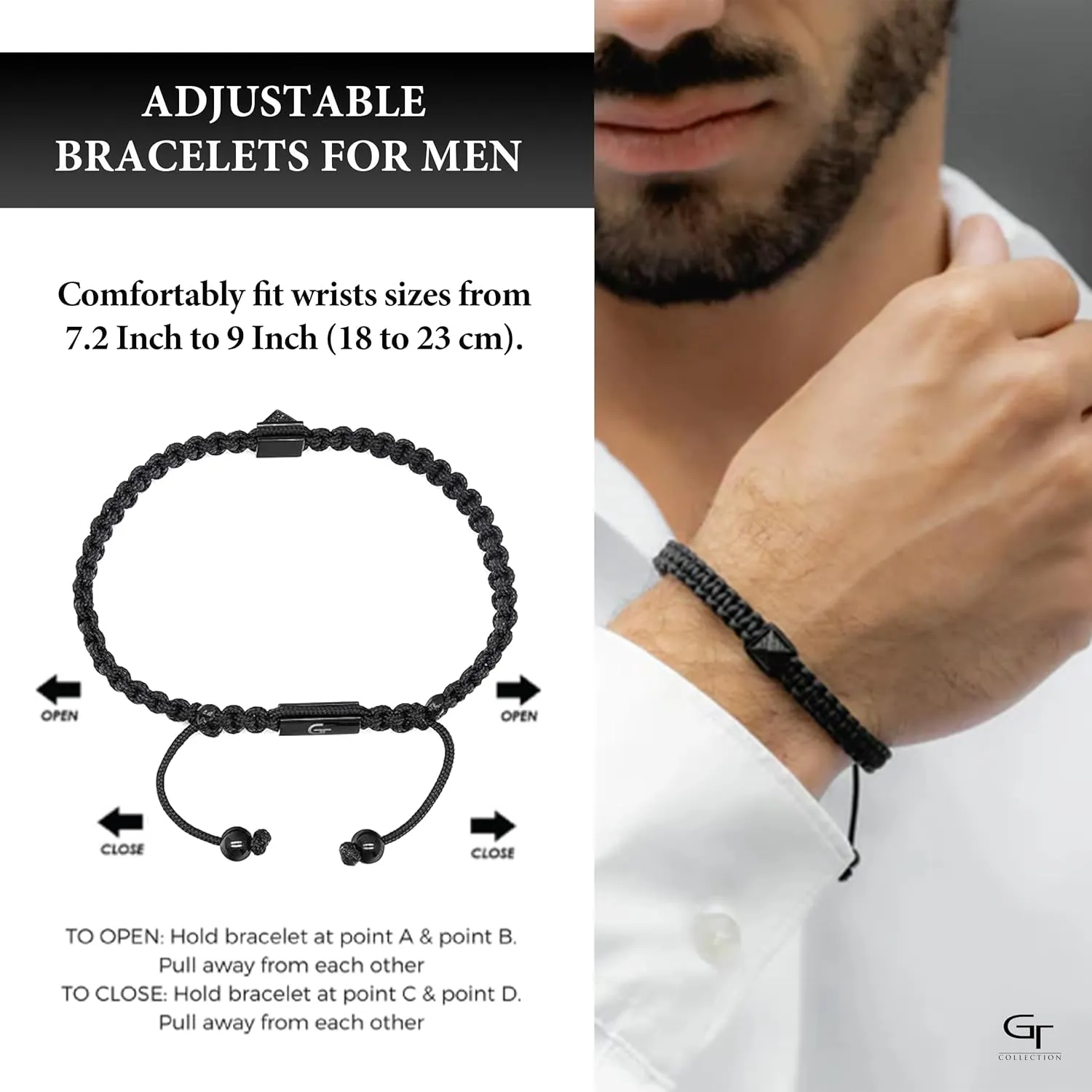 Men's Energy Bracelet with Black Pyramid Stainless Steel Bead, Adjustable Zircon Bracelet for Men